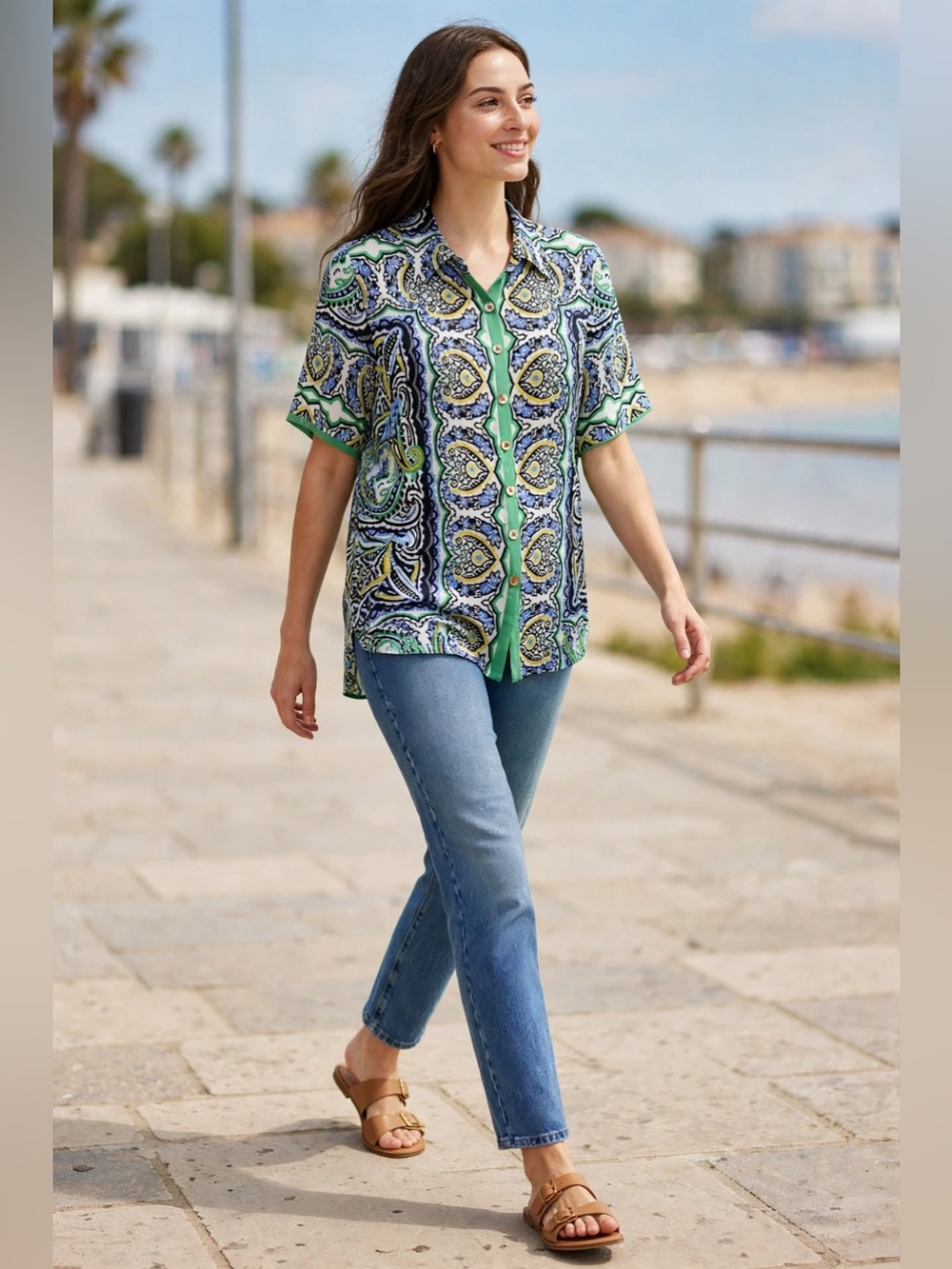 Haute Hippie Green Paisley-Print Button Down with Gold Buttons